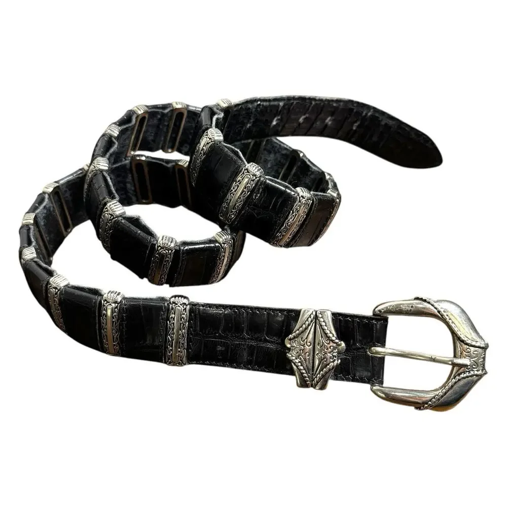 Nanni Womens Leather Belt Black Croc Embossed Western Silver Hardware Size 38